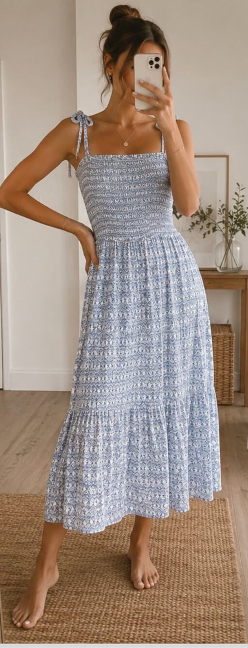 Good Luck Gem Midi Dress Blue White Floral Tie Strap Tiered Sundress Small